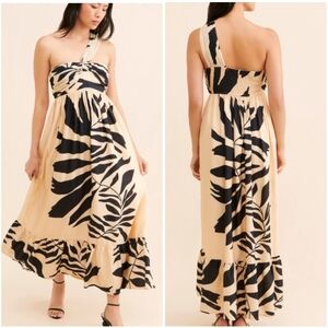 New Anthropologie Letmebe One Shoulder Printed Maxi Dress Medium Cream Black